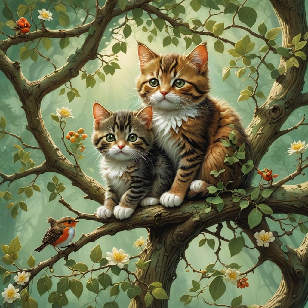 Kitten on Branch with Robins, Whimsical Illustration