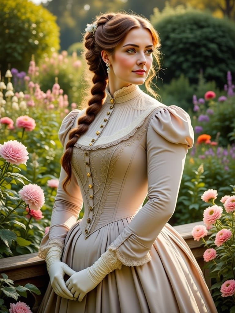 Victorian Woman in Floral Dress, Impressionist Style