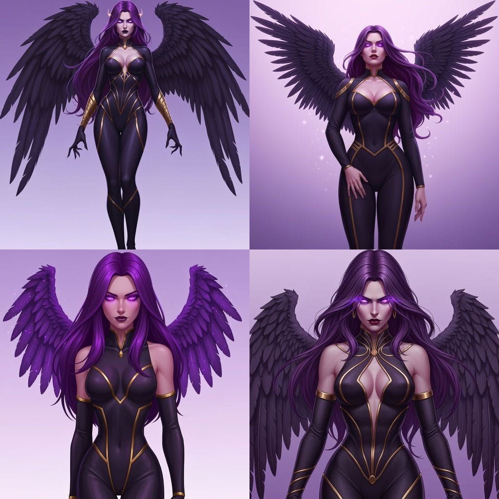 Powerful Woman with Purple Hair and Violet Wings
