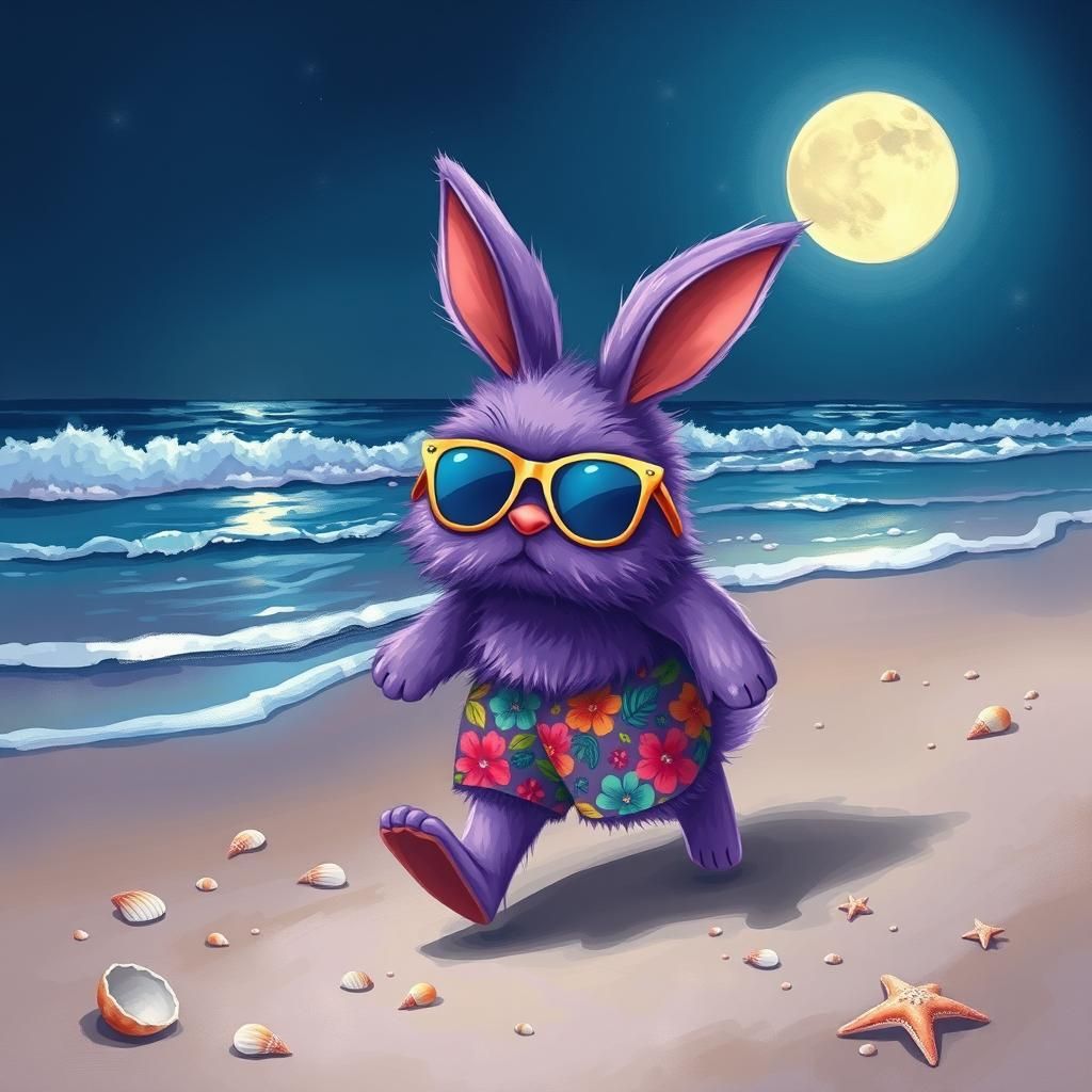 Trendy Purple Bunny on Moonlit Beach