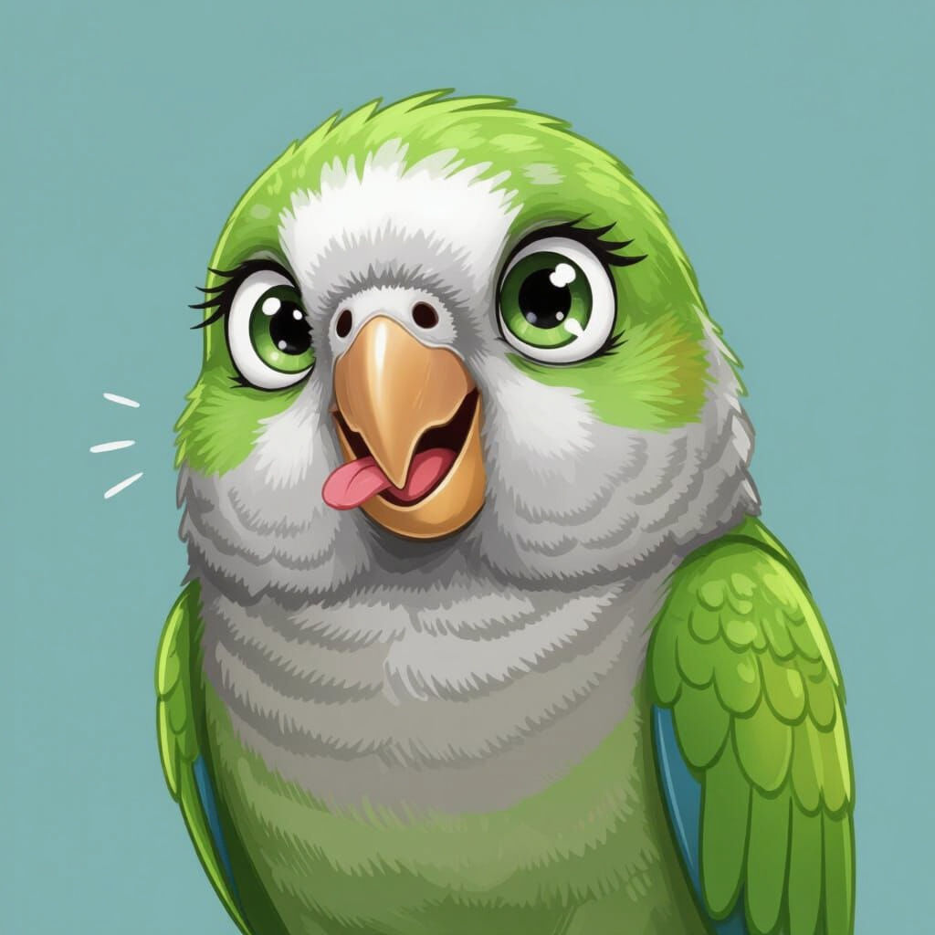 Cartoon Quaker Parrot Uncertain Between Kiss or Bite