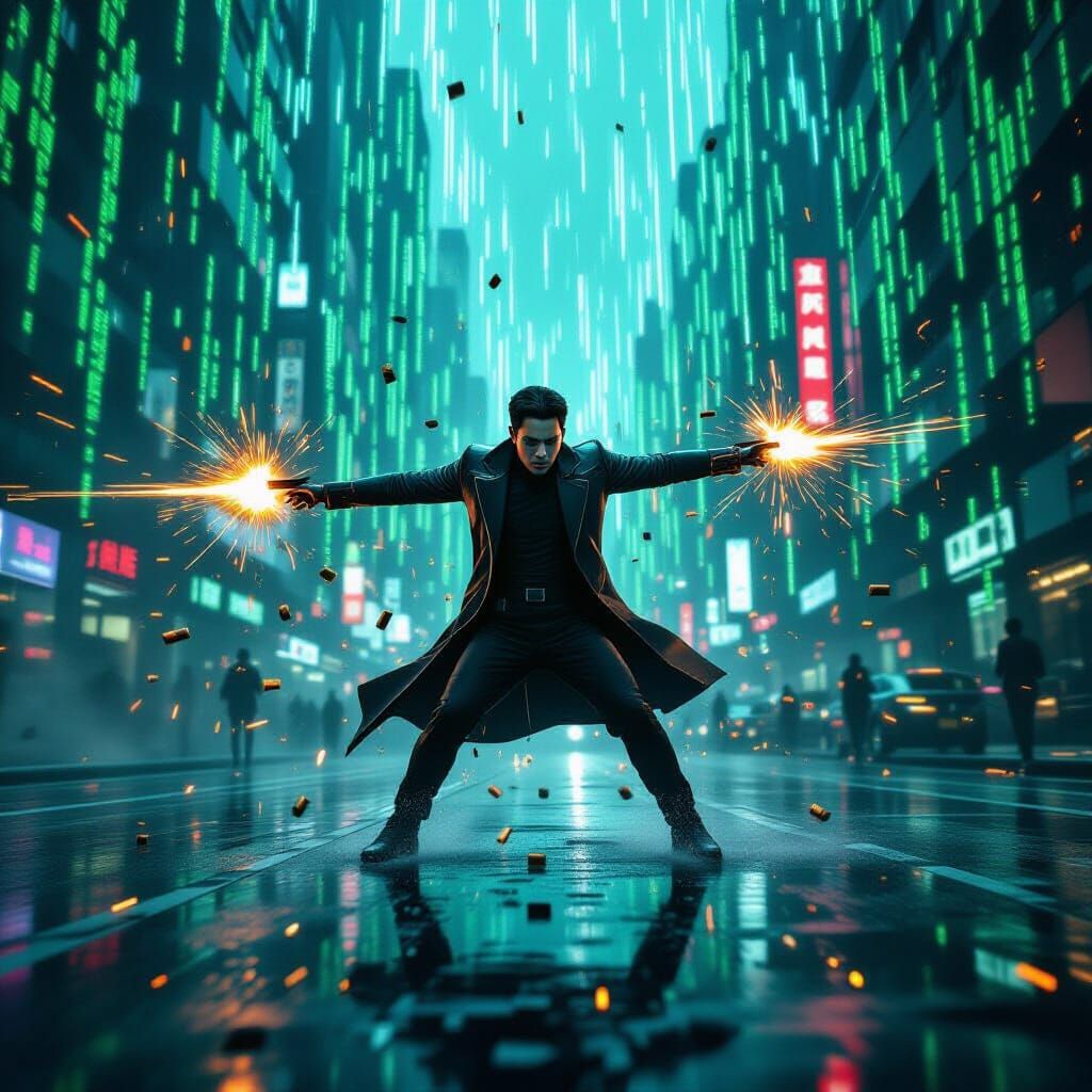 Neo Dodging Bullets in Matrix Rain