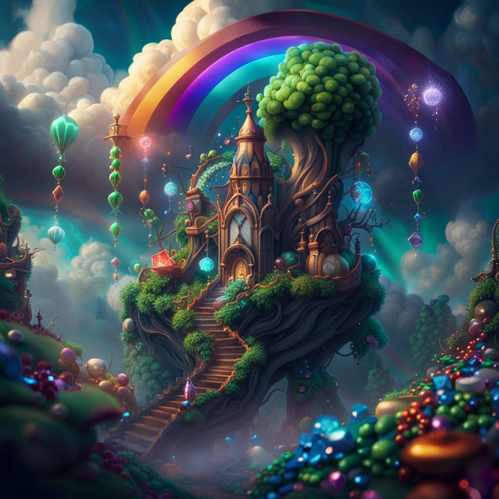 Magical Beanstalk with Rainbows and Gems