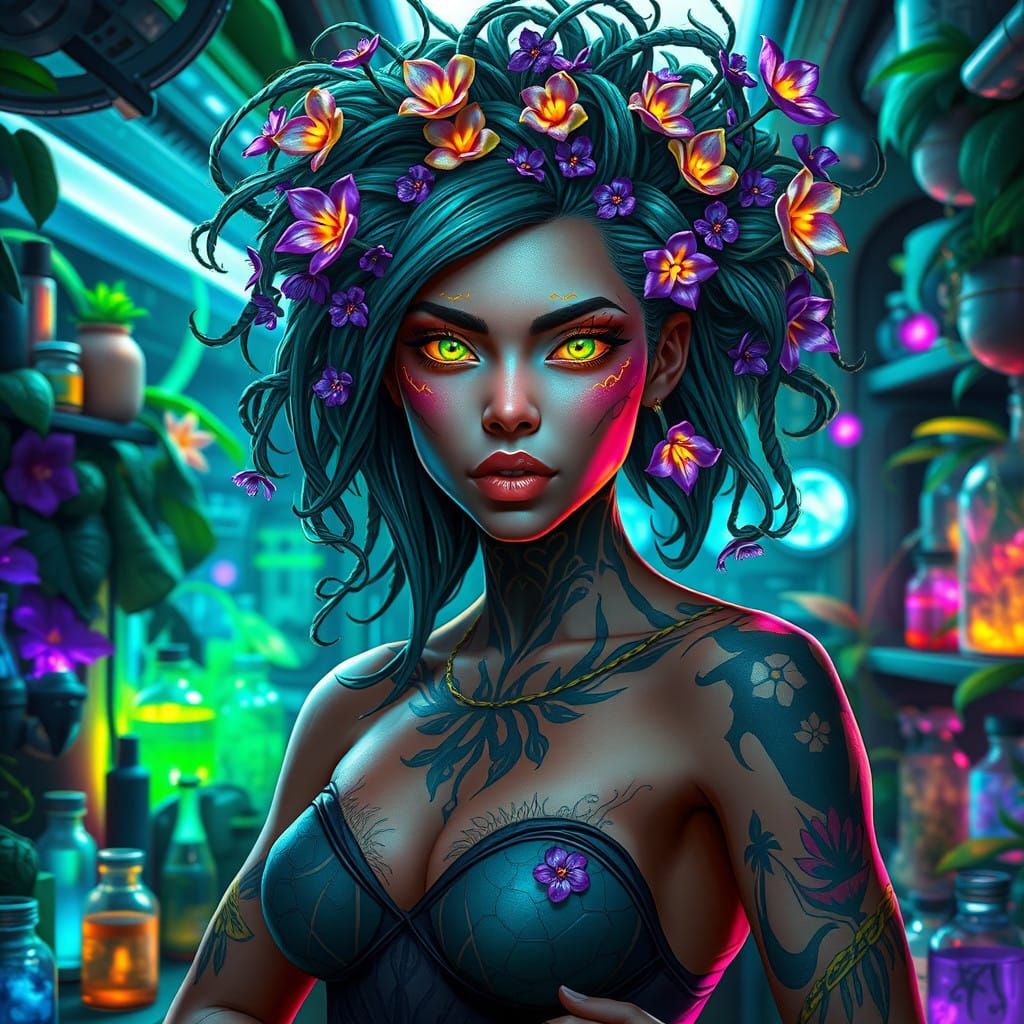 Confident Plant-Human Hybrid in Futuristic Jungle Lab