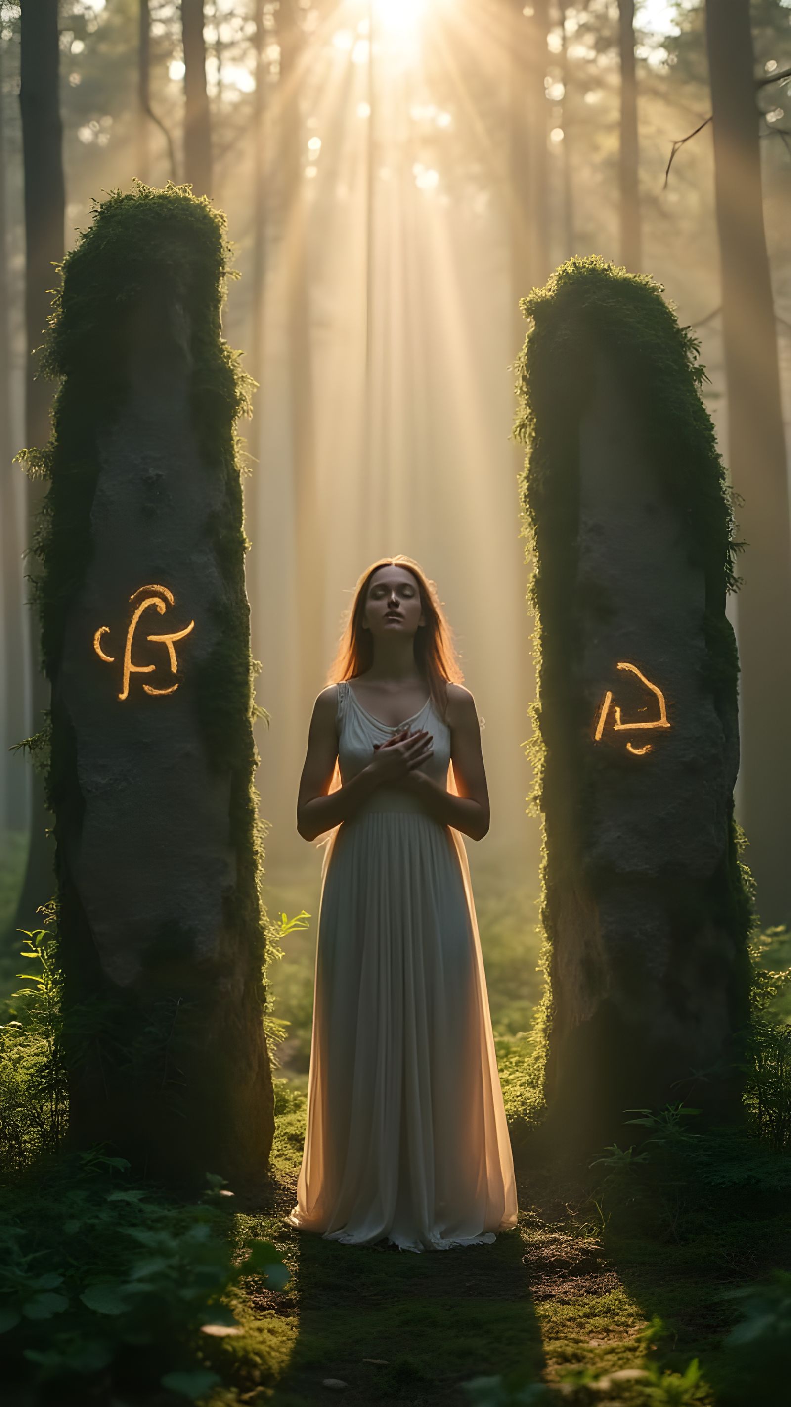 Mystical Woman in Nordic Forest Clearing at Dawn