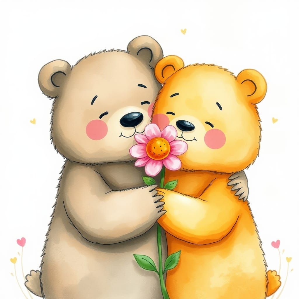 Bear Hugging Flower in Watercolor Sketch Style
