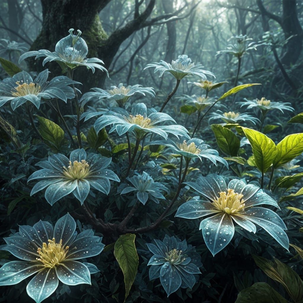 Bioluminescent Fractal Flower in Forest, Digital Art