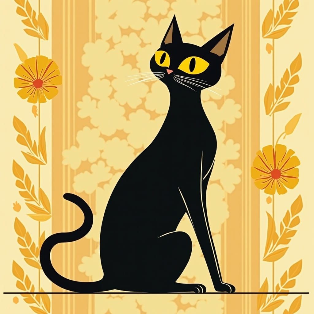 Elegant Black Cat in 1960s Art Deco Style