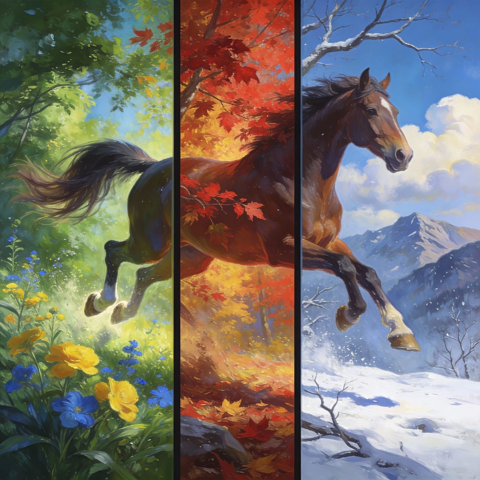 Dynamic Triptych: Pinto Pony's Seasonal Journey