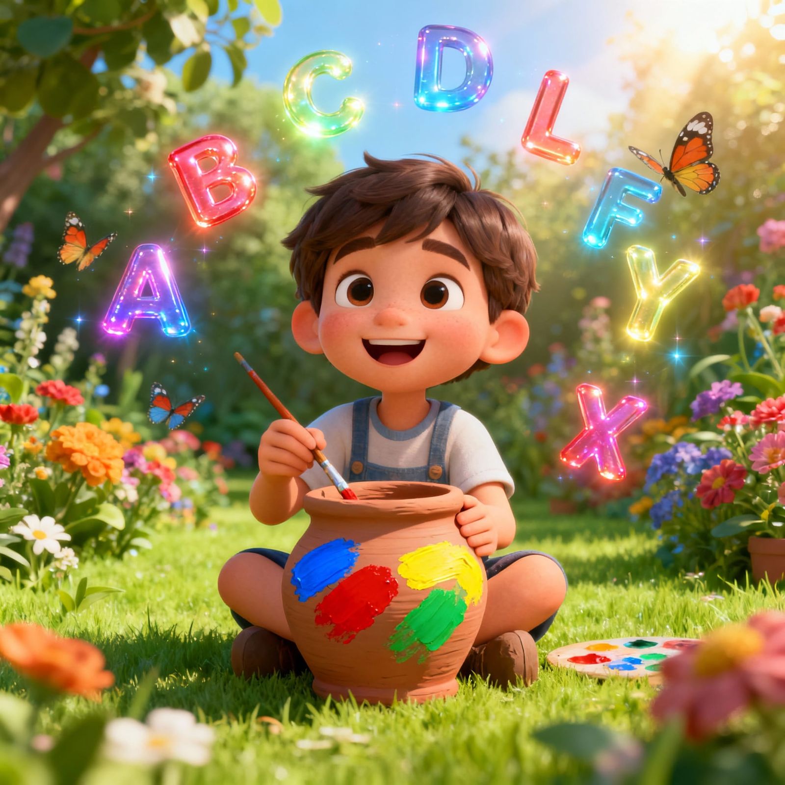 Happy Kid Paints in a Magical Garden, 3D Children's Book Art