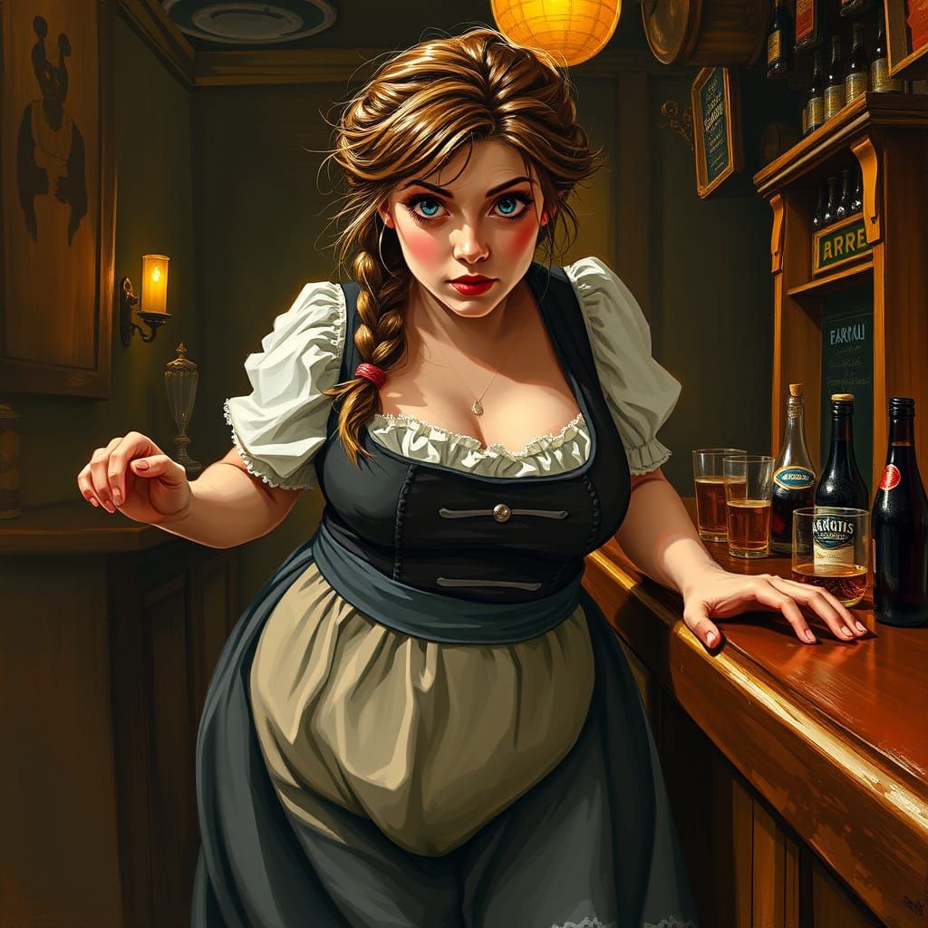 Disheveled Barmaid in Bavarian Dress, Expressive Painting