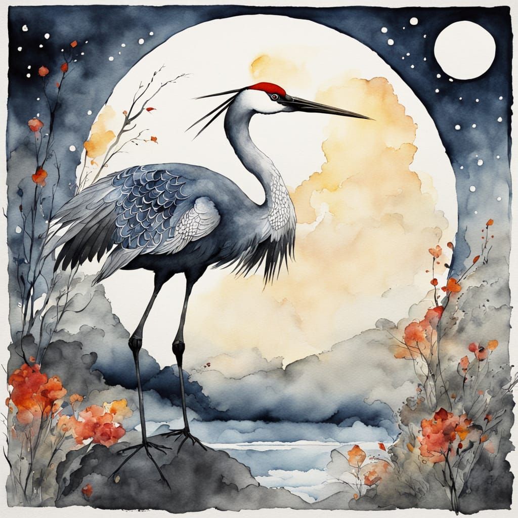 Japanese Crane Dances Under Moon in Watercolor
