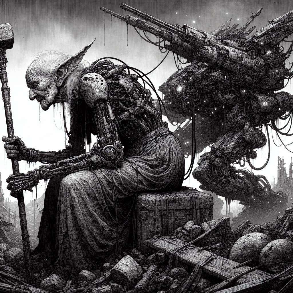 Battle-Worn Cyborg-Knight in Desolate Landscape