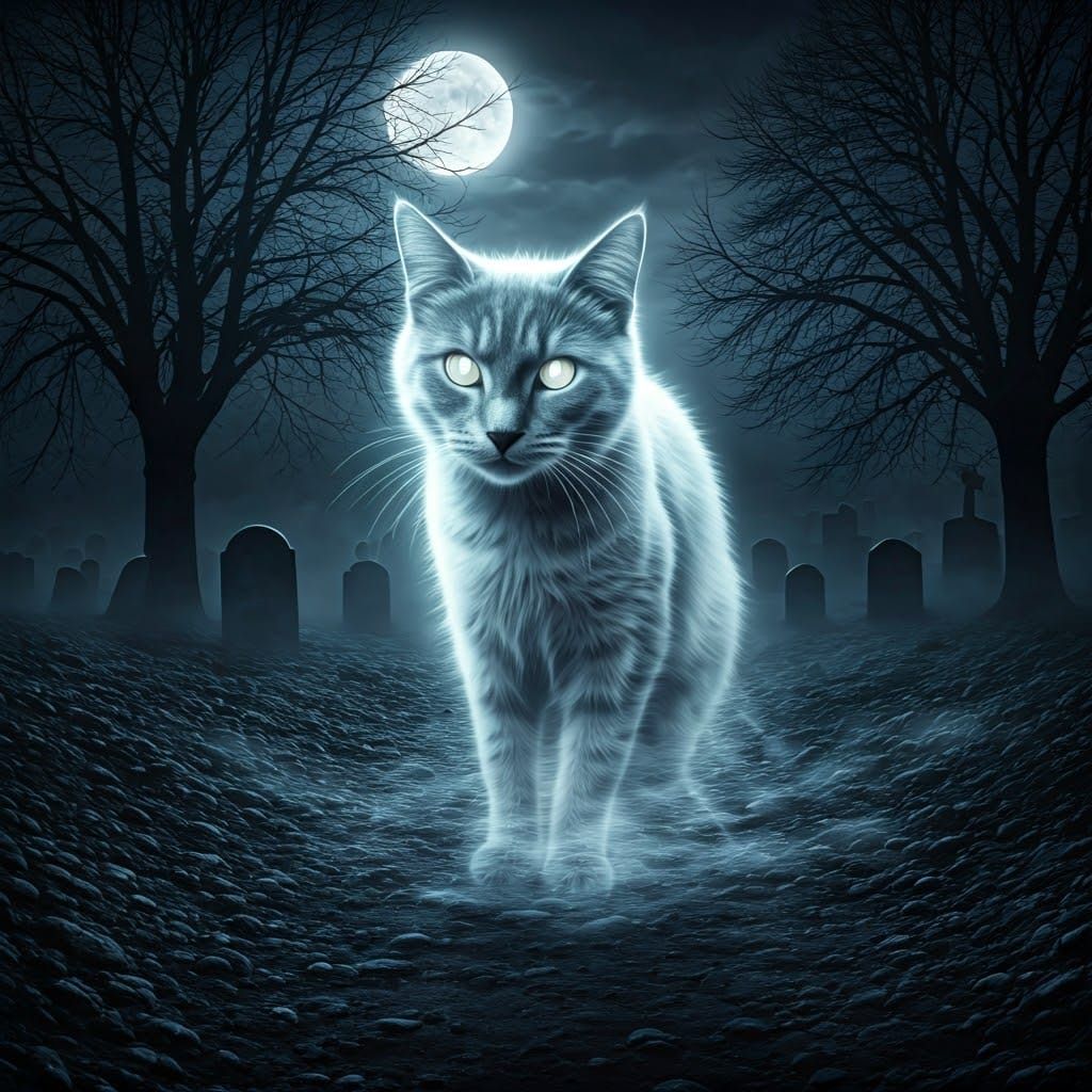 Ghostly Cat in Graveyard Under Full Moon