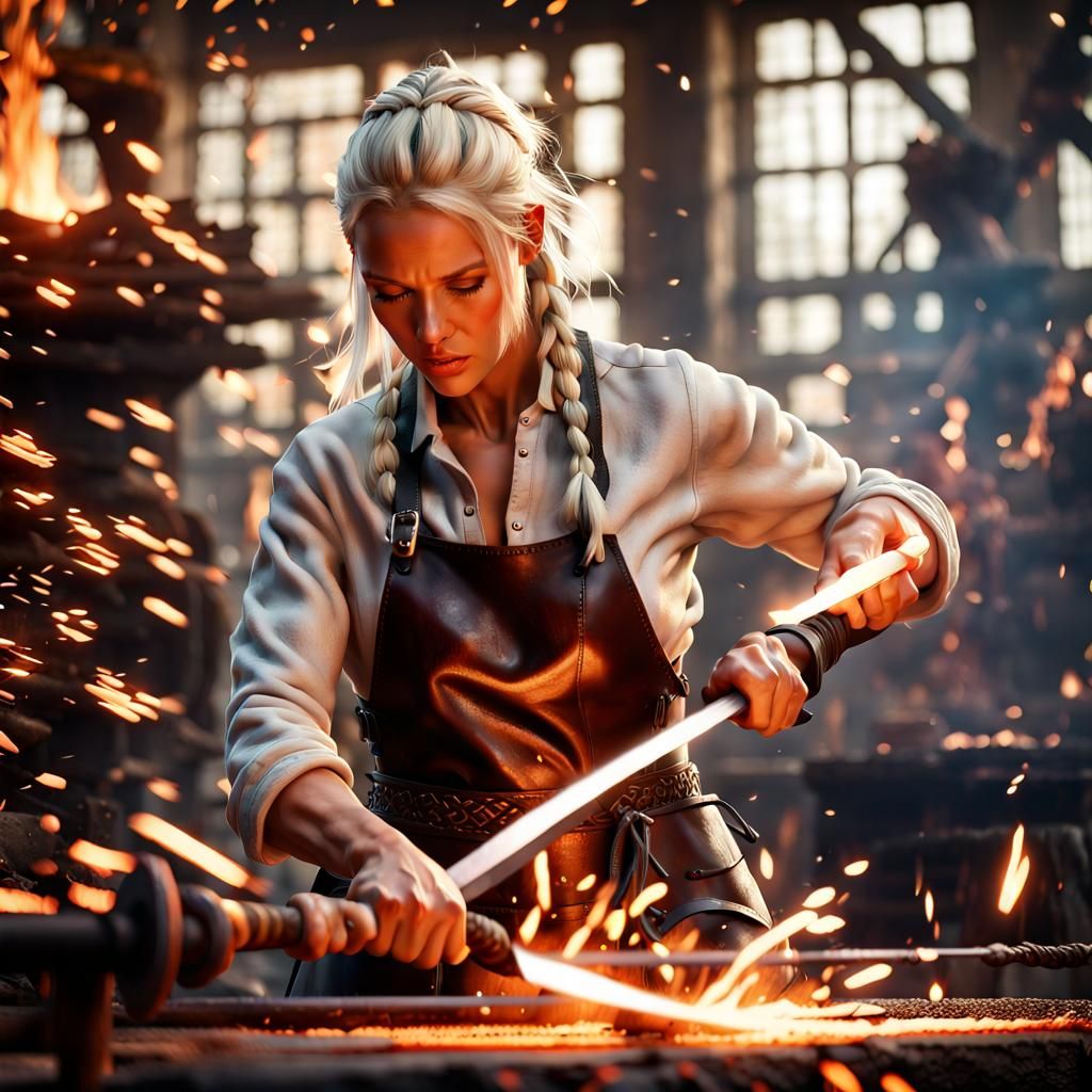 Bioluminescent Sparks Fly as Woman Forges Sword