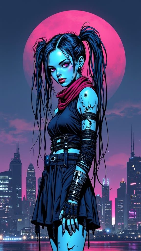 Cyberpunk Girl with Ponytails in Junji Ito Style