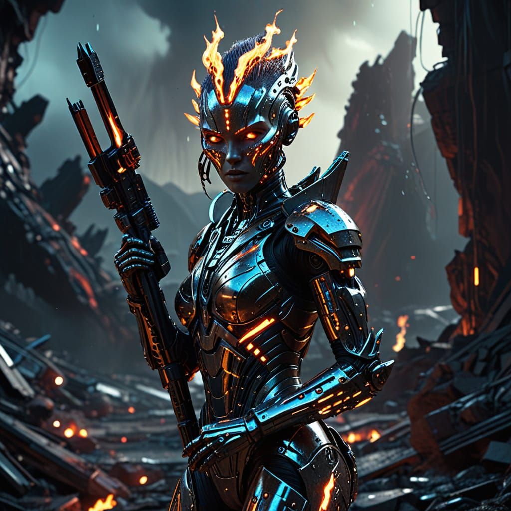 Cyberpunk Cyborg Warrior in Wasteland