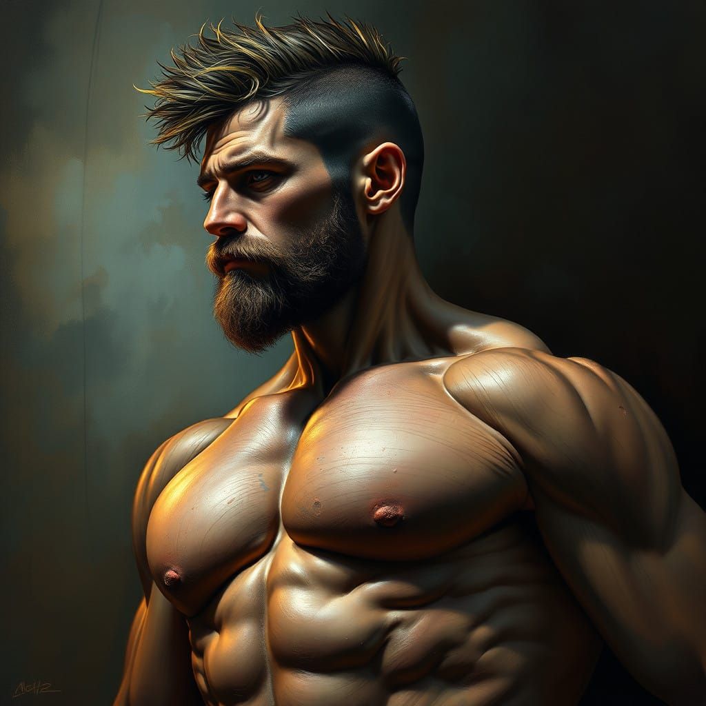 Mysterious, Muscular Figure in Dark Gothic Realism Style