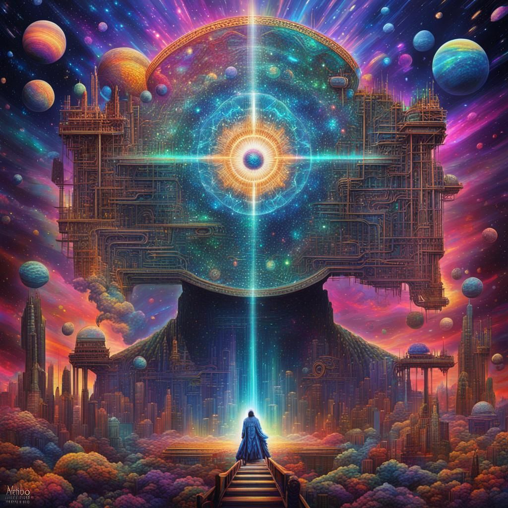 Holographic Astral Cosmic Illustration in Mixed Media