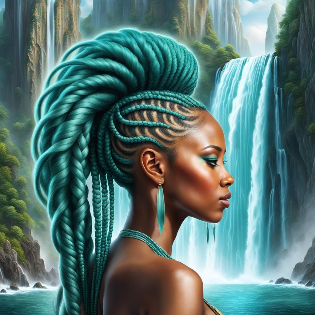 Surreal Waterfall Afro Woman Portrait in Psychedelic Style