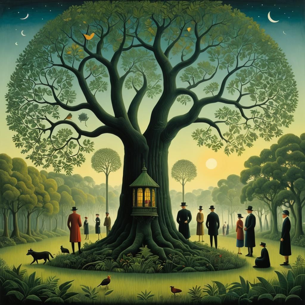 Ancestral Meeting: Whimsical Naive Art Illustration