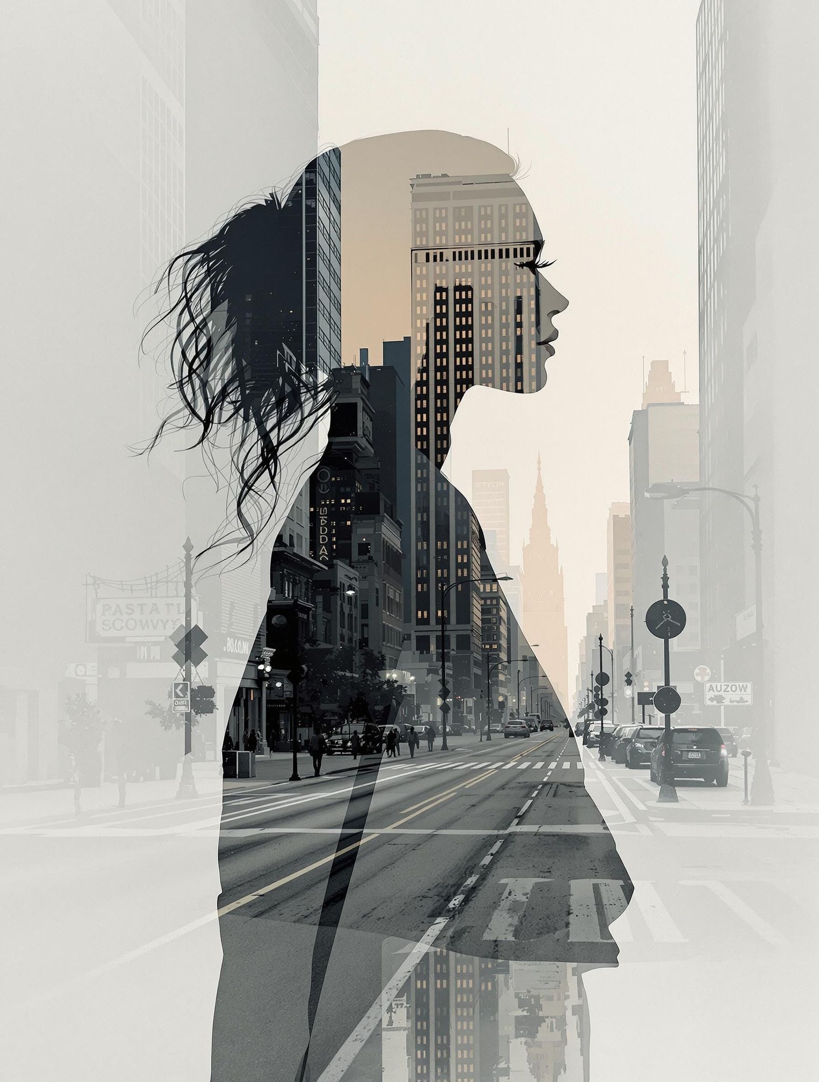 Woman in Urban Solitude, Dawn Cityscape