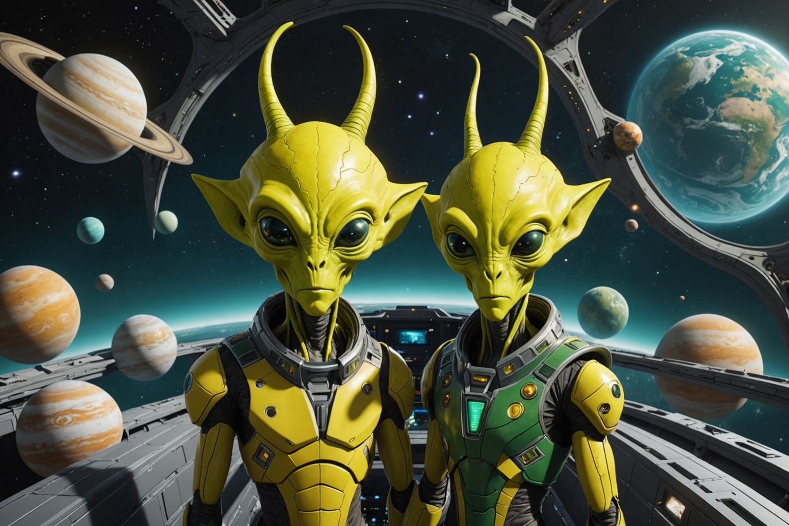 Multi-Horned Alien Observes Planets from Spaceship