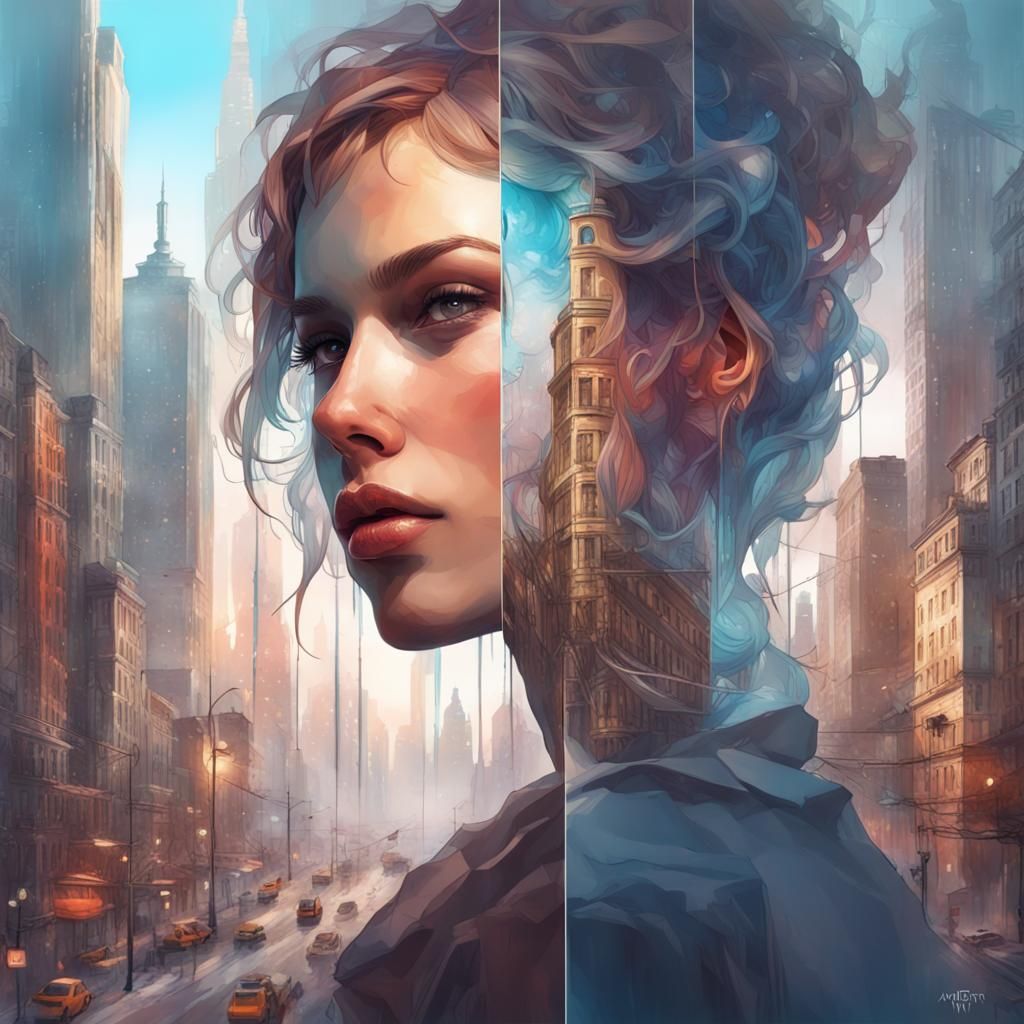 Double Exposure Portrait: City Meets Face, Hyperdetailed Art