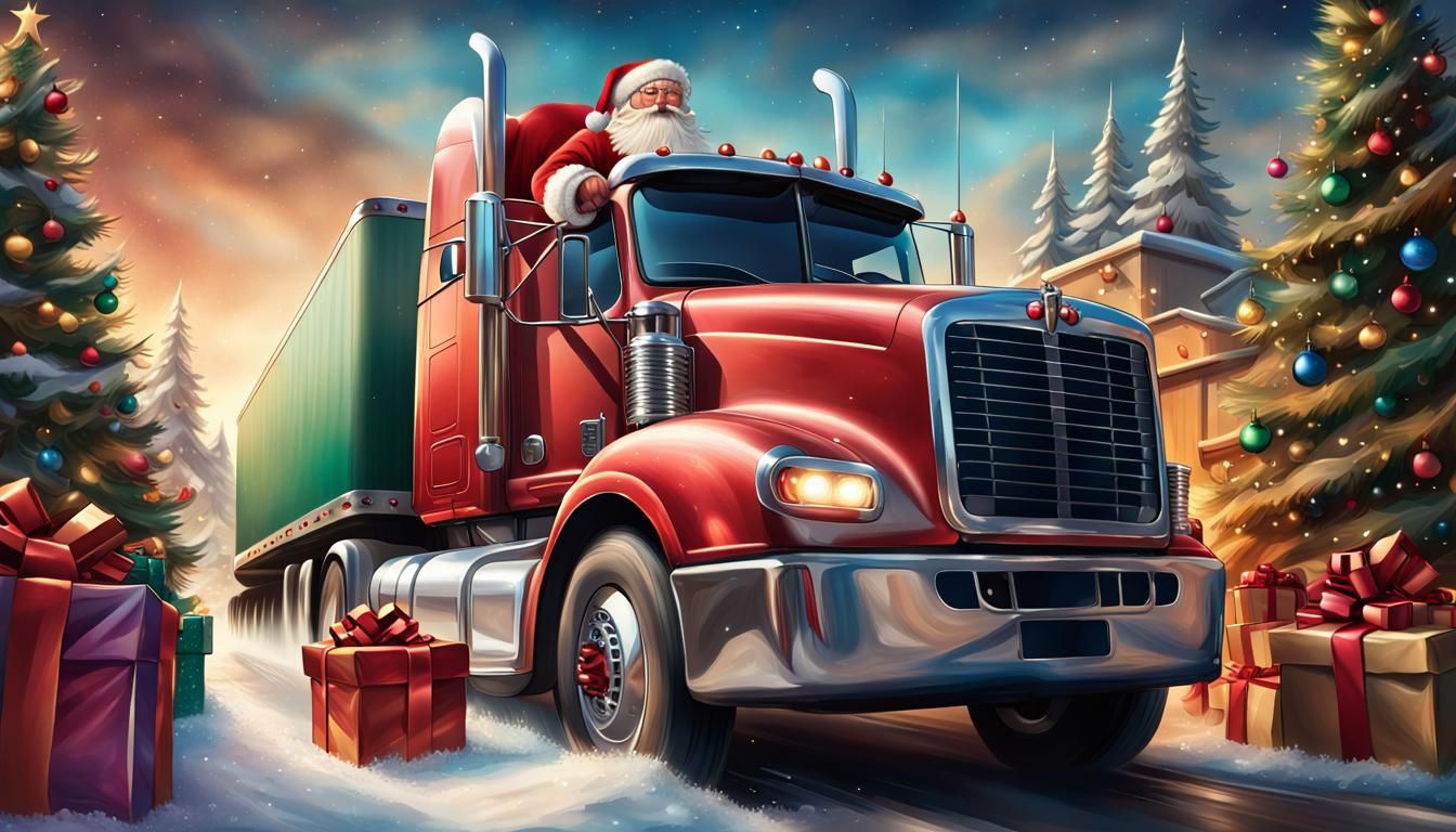 Santa Drives Christmas Truck: Hyperrealistic Splash Art