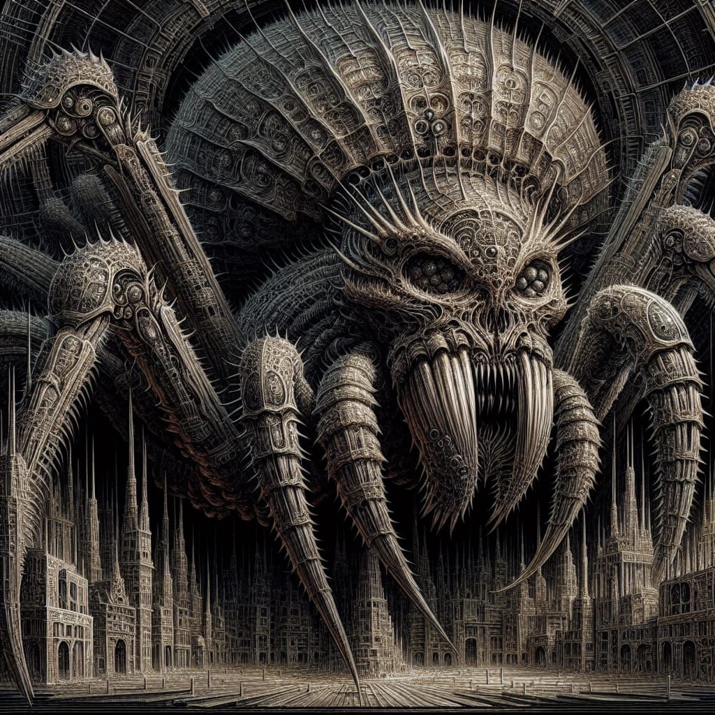 Gigantic, Dark, Biomechanical Spider in a Futuristic Vault