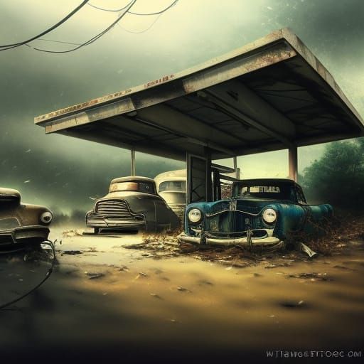 Abandoned Gas Station in Kawaiicore Pastel Style