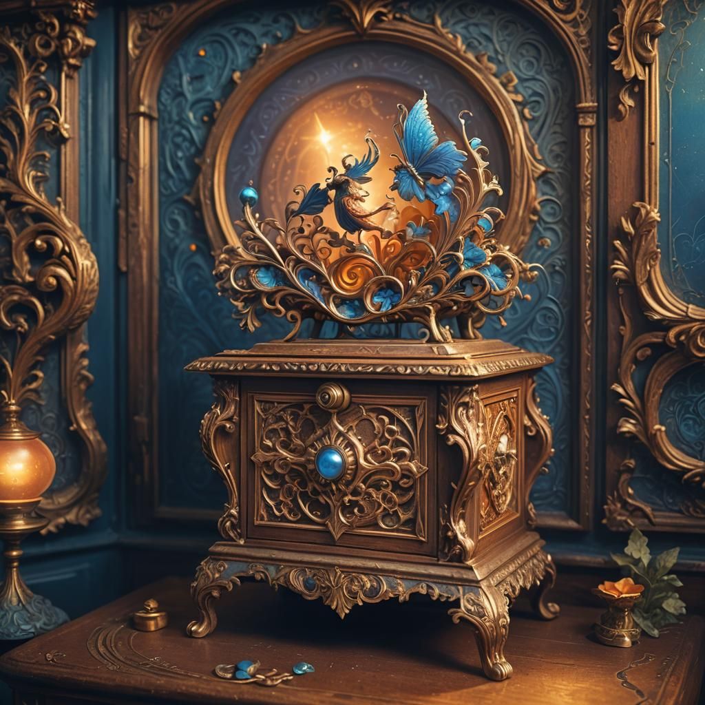 Ornate Music Box on Abandoned Cabinet: Fantasy Concept Art
