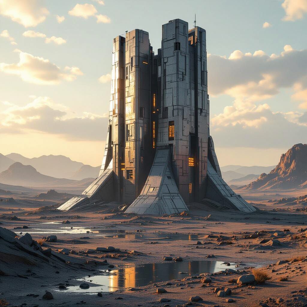 Apocalyptic Fortress Reflects Light, Syd Mead Style