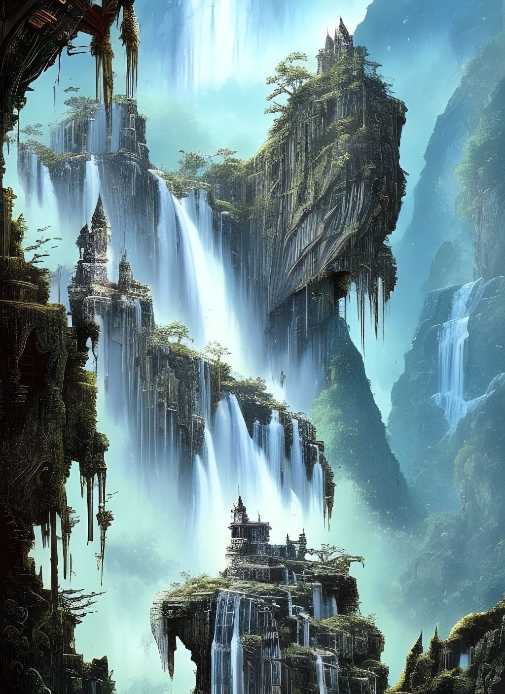 Majestic Waterfalls Cascade in Colorful Splash Art