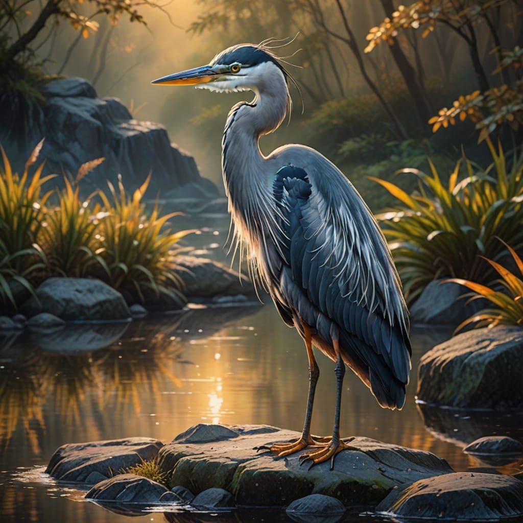 Majestic Heron in Fantasy Oil Painting