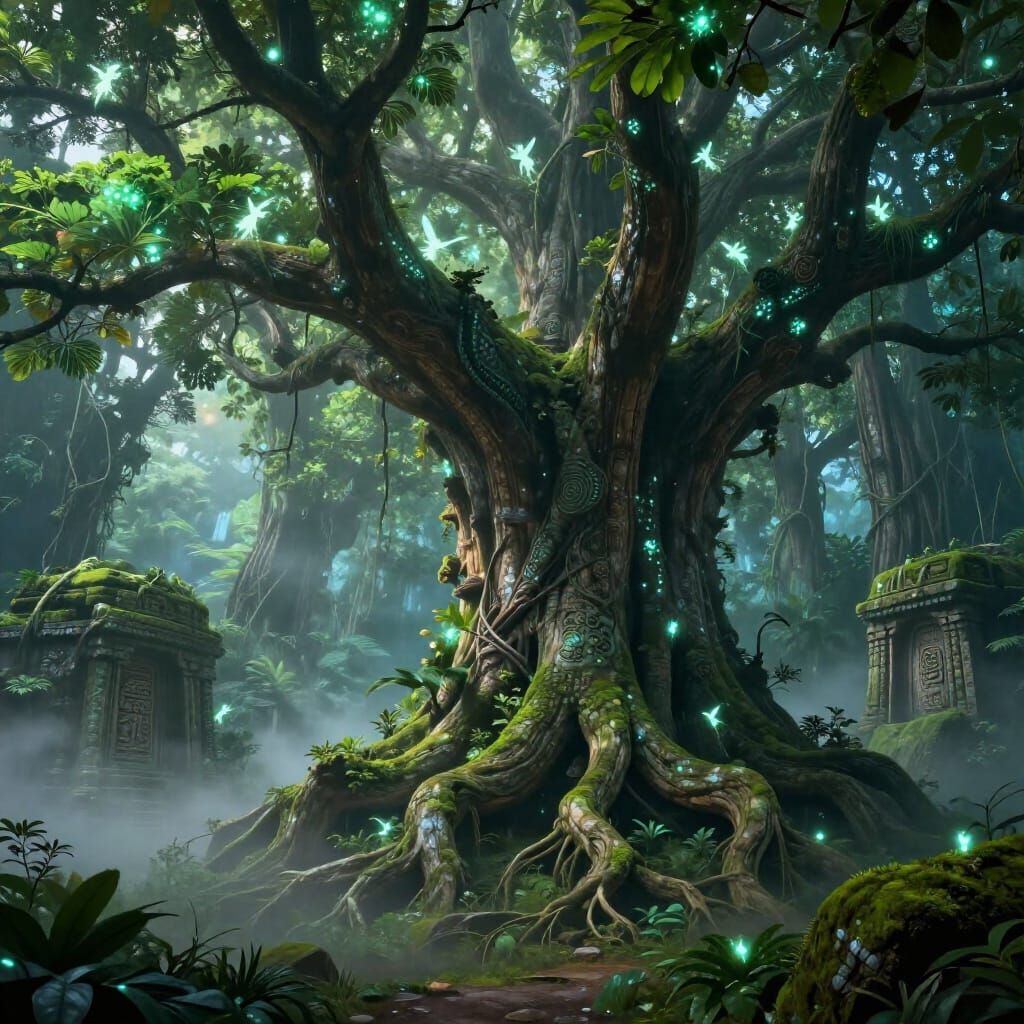 Ancient Bioluminescent Tree Guards Hidden Jungle Temple