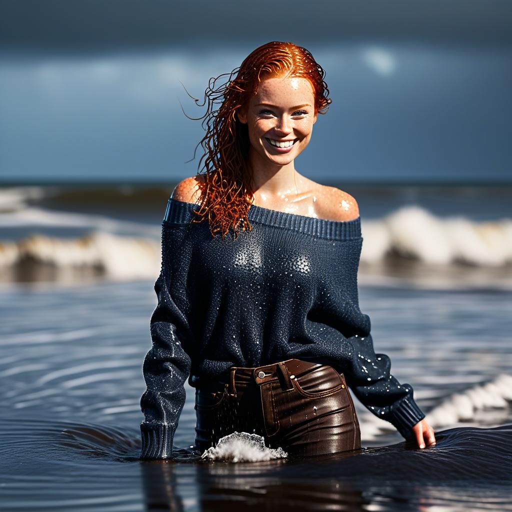 Young Woman Wades in Surf on Summer Evening