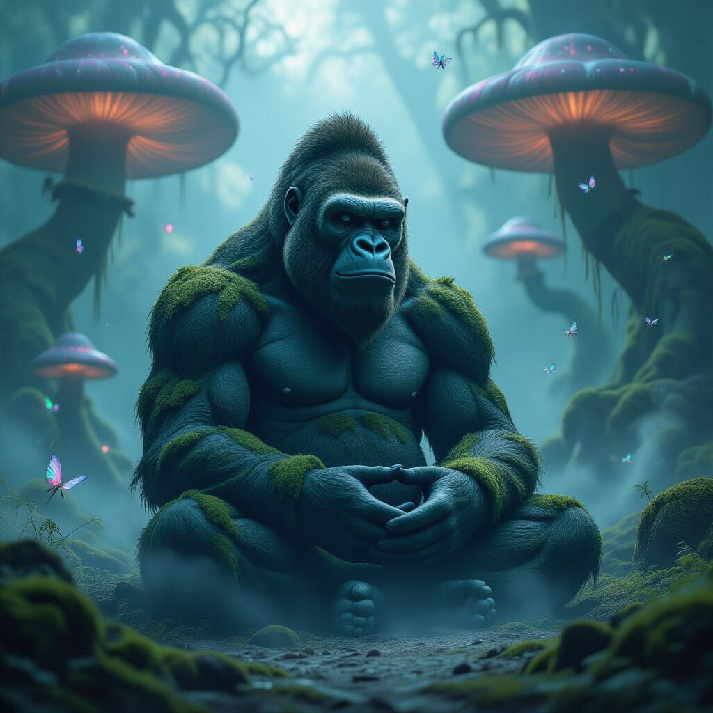 Stone Gorilla Meditating Amidst Glowing Mushrooms