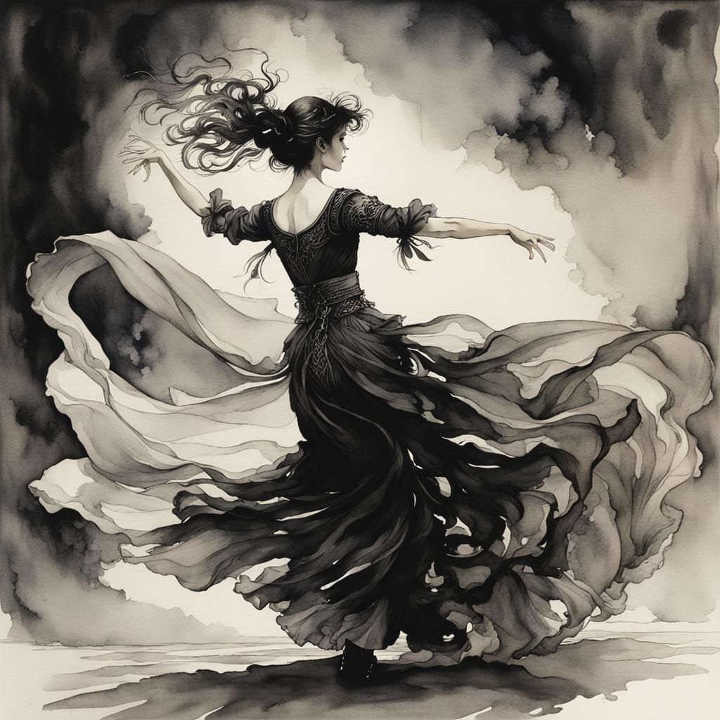 Anime-Inspired Watercolor of Dancing Woman in Chiaroscuro