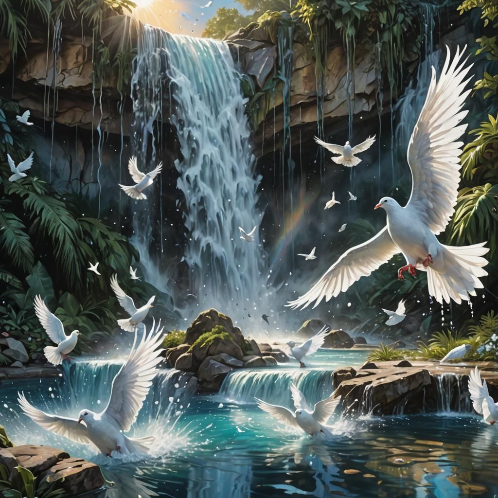 Doves At A Waterfall