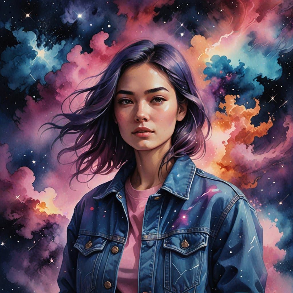 Cosmic Denim: A Nebula Portrait in Digital Watercolor