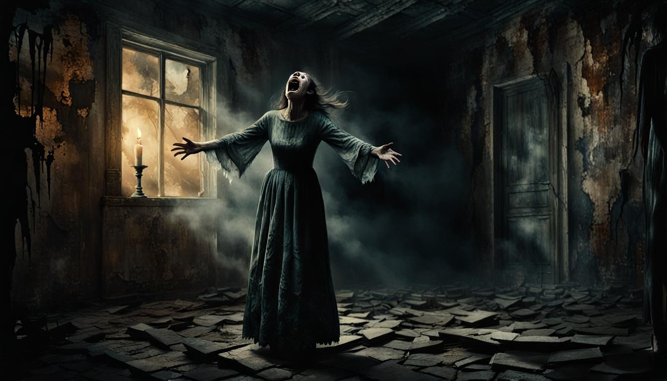 Eerie Woman in Dark Surrealist Horror Scene