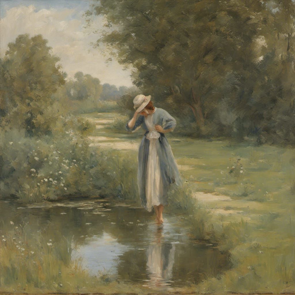Woman by Pond in Franco-Belgian Comic Style