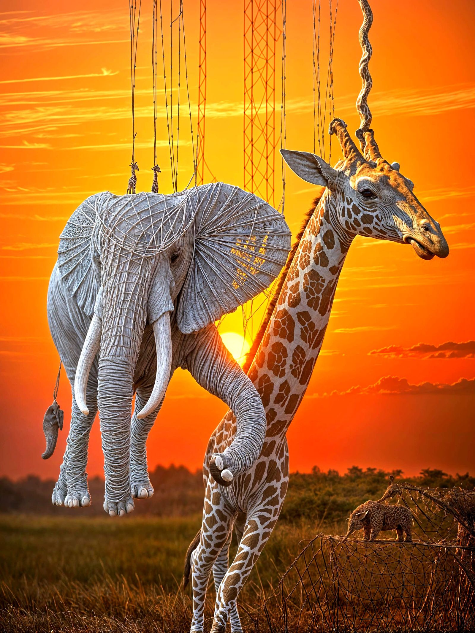 String Art: Elephant and Giraffe in Safari Sunset