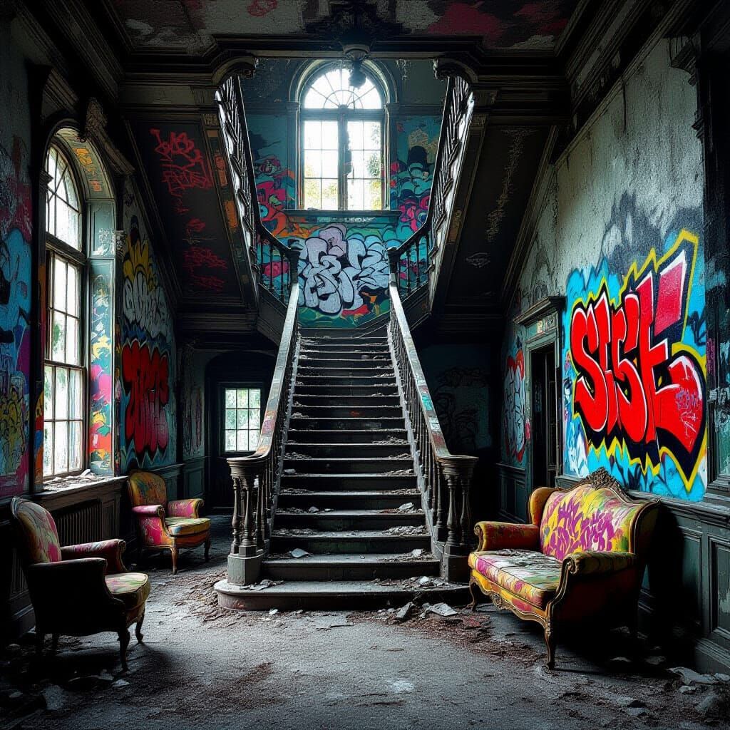 Decaying Building Stairway with Graffiti Street Art