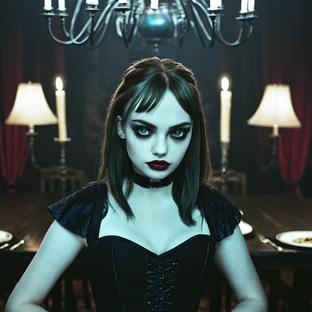 Edgy Vampire in Dark Ballroom: Cinematic Film Still
