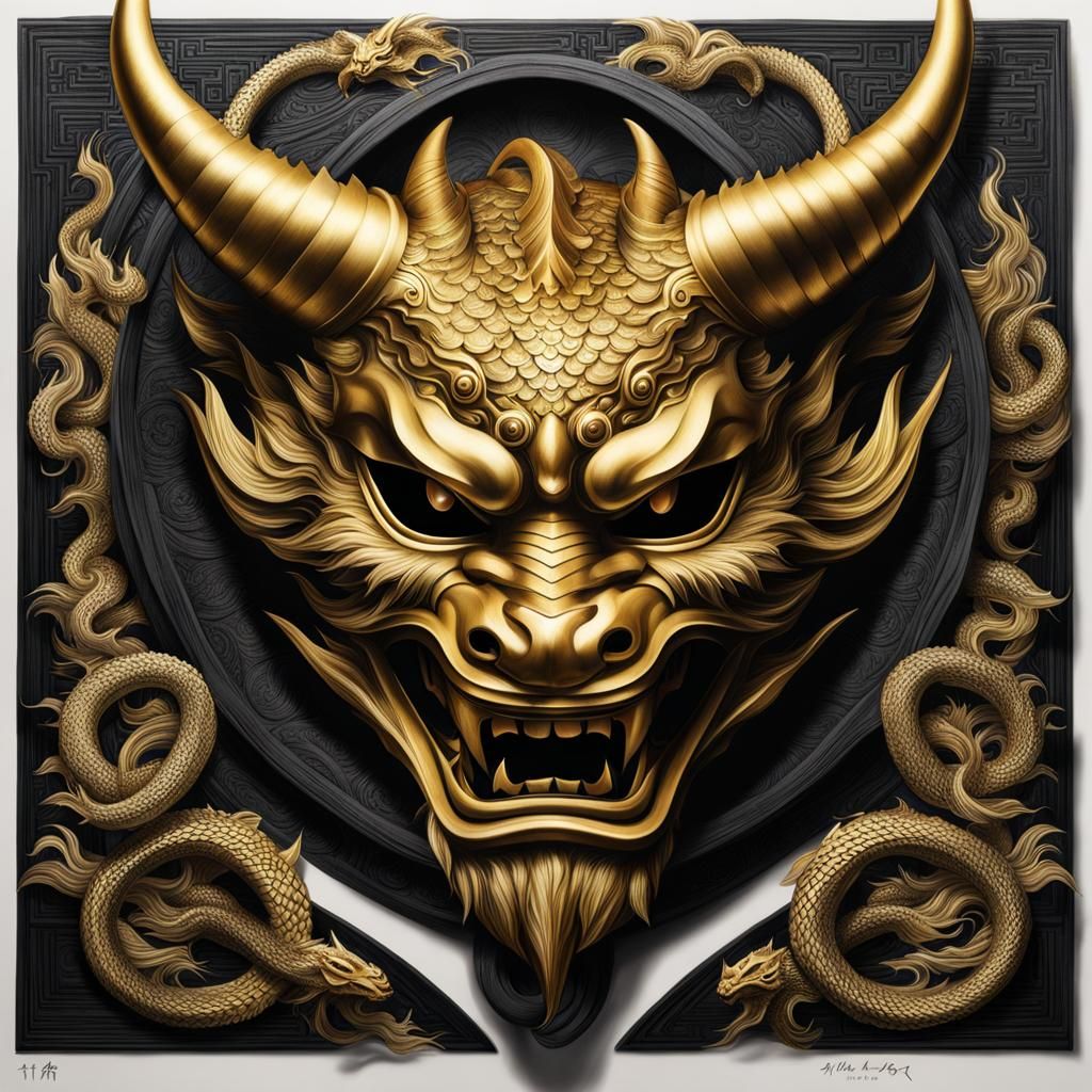 Hannya Mask and Dragon Drawing in Hyperrealism