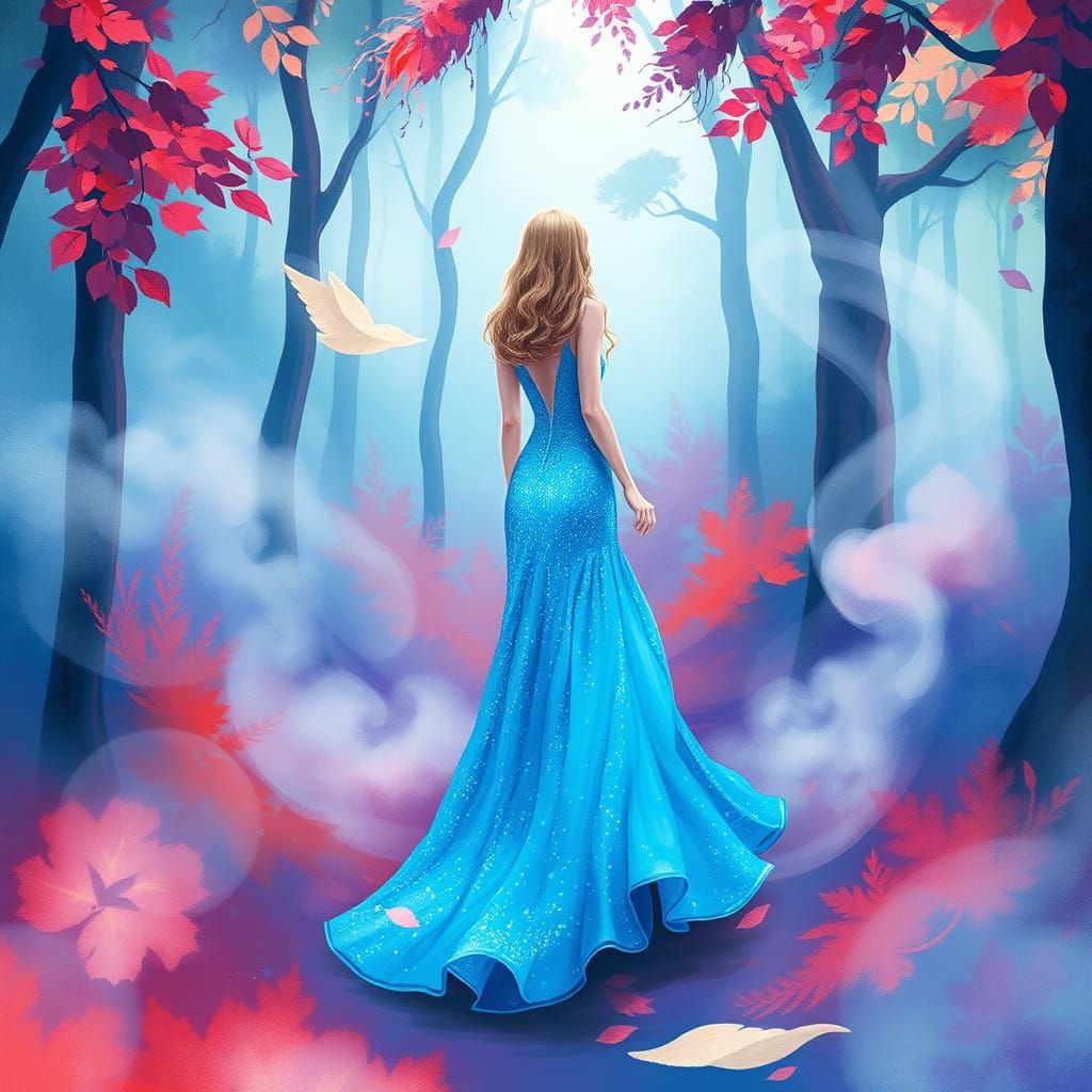 Ethereal Lady in Blue Mist Gown in Magical Forest
