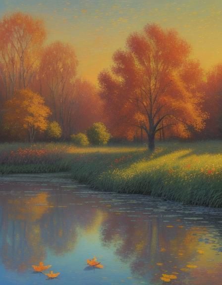 Autumn Sunset Landscape as Pointillist Oil Painting
