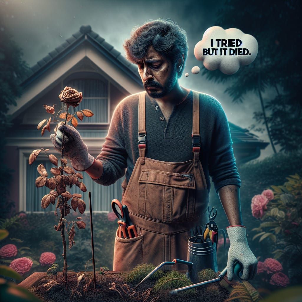 Sorrowful Gardener and Dead Rose Bush in Concept Art